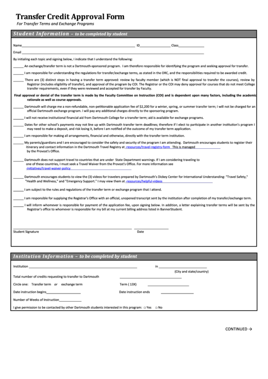 Transfer Credit Approval Form Printable pdf