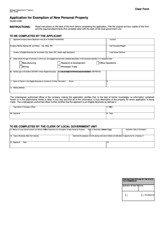 Fillable Form 3427 - Application For Exemption Of New Personal Property 1999 Printable pdf