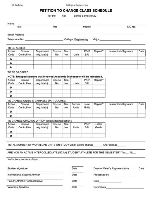 Fillable Petition To Change Class Schedule Form Printable pdf