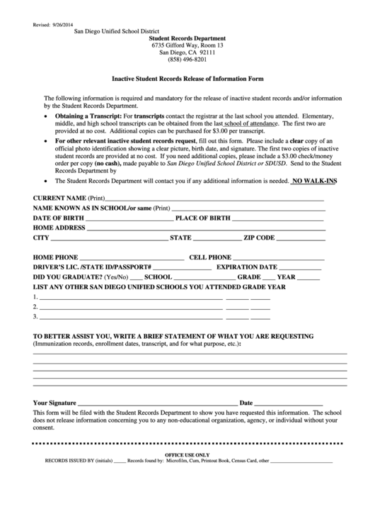 Inactive Student Records Release Of Information Form Printable pdf
