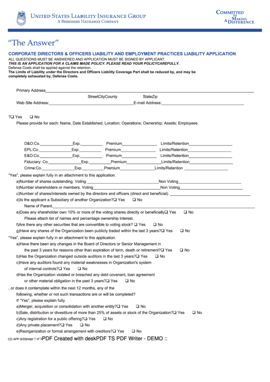 The Answer/corporate Directors & Officers Liability And Employment Practices Liability Application Form Printable pdf