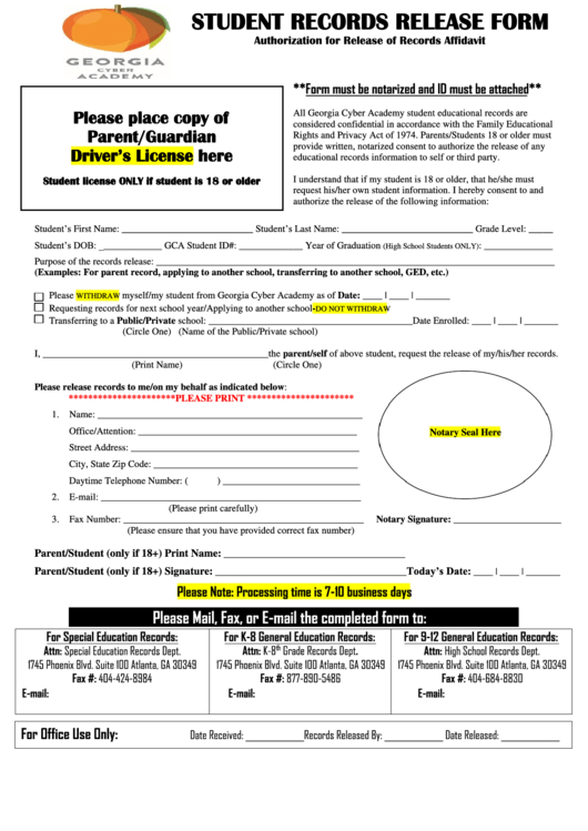 Student Records Release Form Printable pdf