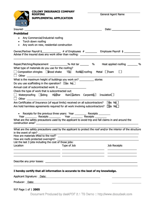 Roofing - Supplemental Application Form Printable pdf