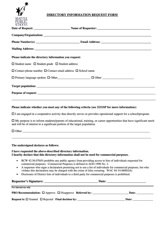 Directory Information Request Form Printable pdf