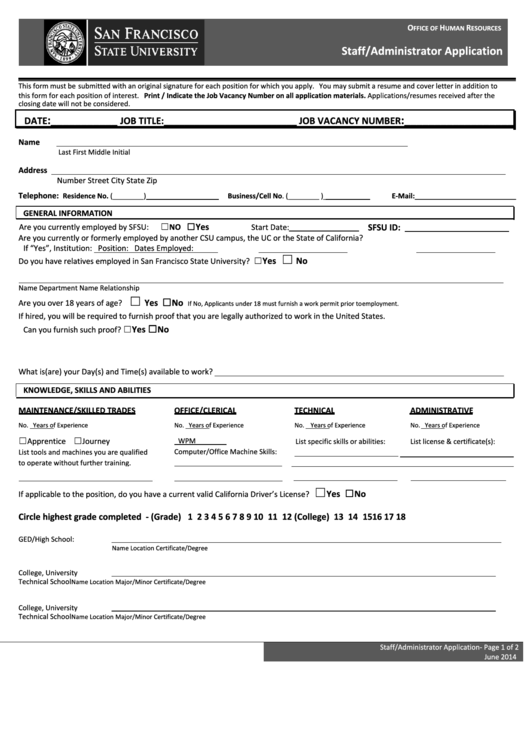Fillable Staff/administrator Application Form Printable pdf