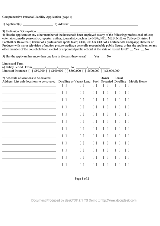 Comprehensive Personal Liability Application Form printable pdf download