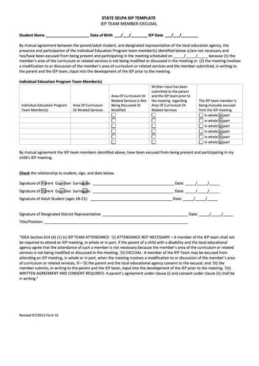 Iep Team Member Excusal - State Selpa Iep Template Printable pdf