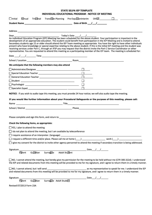 State Selpa Iep Template - Individual Educational Program - Notice Of Meeting Printable pdf