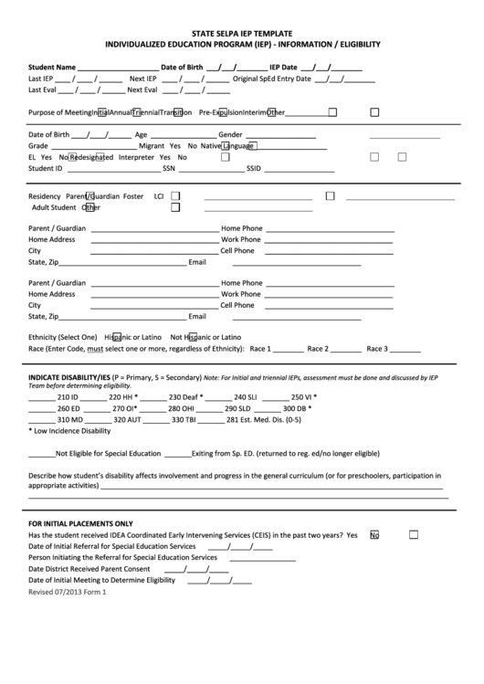 Individualized Education Program (Iep) - Information/eligibility - State Selpa Iep Template Printable pdf