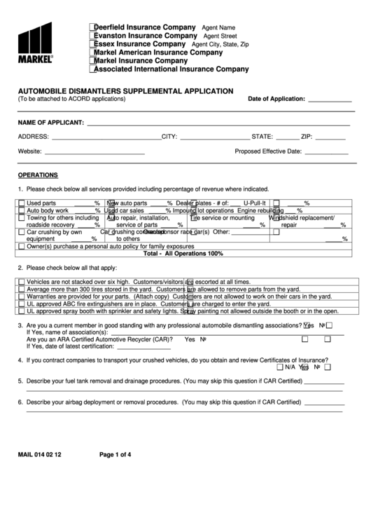 Fillable Automobile Dismantlers Supplemental Application Form Printable pdf
