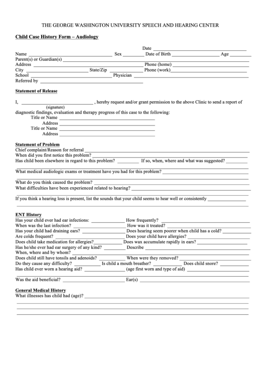 Child Case History Form Audiology Medical History Form Printable Pdf 