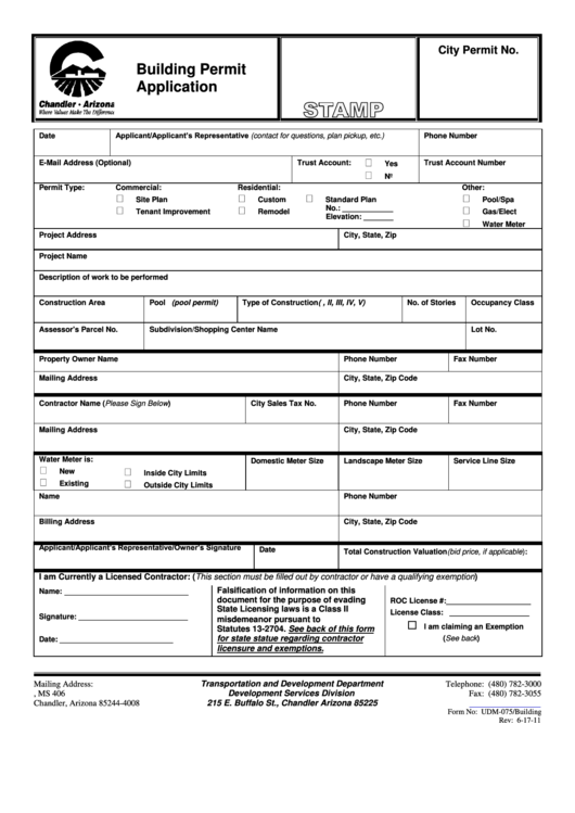 Form Udm-075 - Building Permit Application Form Printable pdf