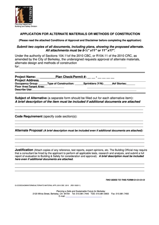 Application For Alternative Materials Or Methods Of Construction Form Printable pdf