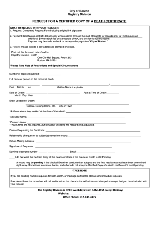 Death Certificate Request Form
