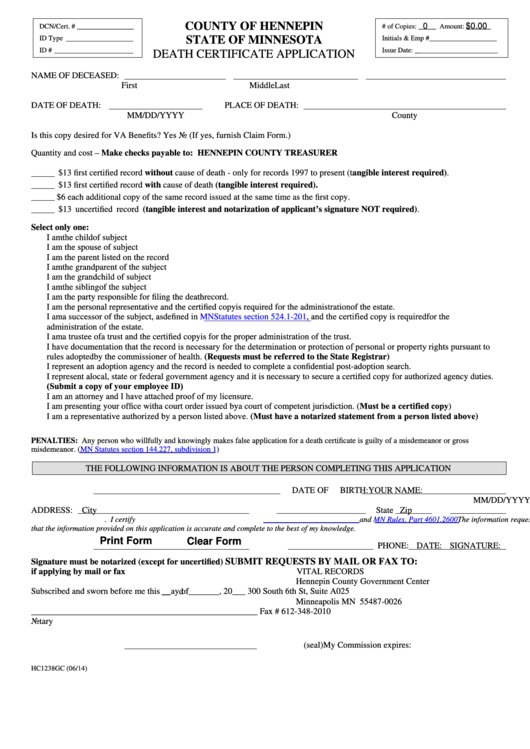 Fillable Form Hc1238gc - Death Certificate Application Printable pdf