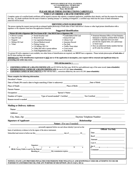 Fillable Death Certificate Application - Montana Office Of Vital Statistics Printable pdf