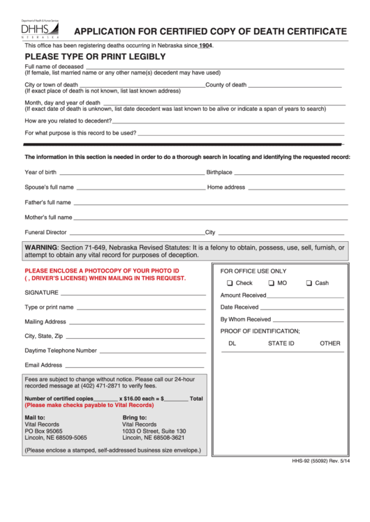 Form Hhs-92 - Application For Certified Copy Of Death Certificate