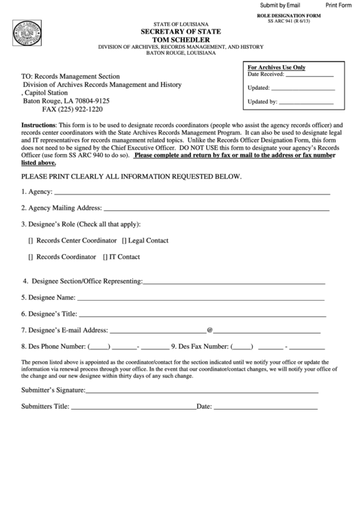 Fillable Form Ss Arc 941 - Role Designation Form Printable pdf