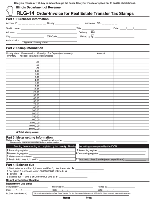 Fillable Form Rlg-14 - Order-Invoice For Real Estate Transfer Tax Stamps Printable pdf