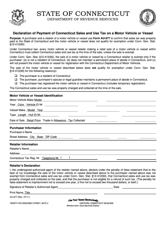 Form Au-677 - Declaration Of Payment Of Connecticut Sal Es And Use Tax On A Motor Vehicle Or Vessel - 2011 Printable pdf