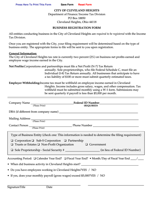 Fillable Business Registration Form - City Of Cleveland Heights Department Of Finance/income Tax Division Printable pdf
