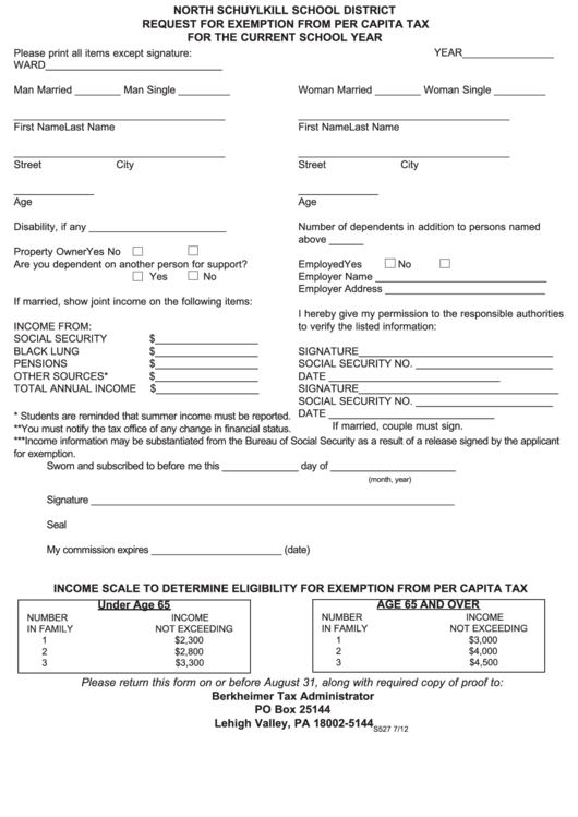 Request For Exemption From Per Capita Tax Form Printable pdf
