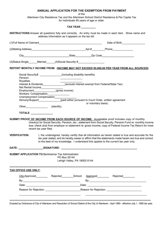 Annual Application For The Exemption From Payment Form Printable pdf