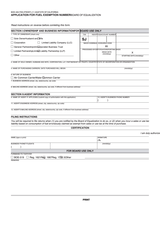 Fillable Form Boe-400-Fen-Application For Fuel Exemption Number November 2003 Printable pdf
