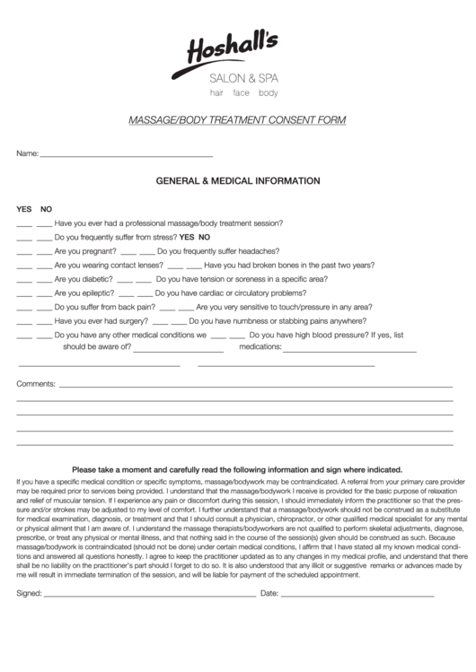 Massage/body Treatment Consent Form Printable pdf