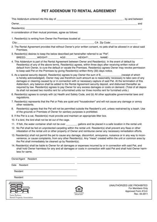 Fillable Form 13.0 Pet Addendum To Rental Agreement Printable pdf