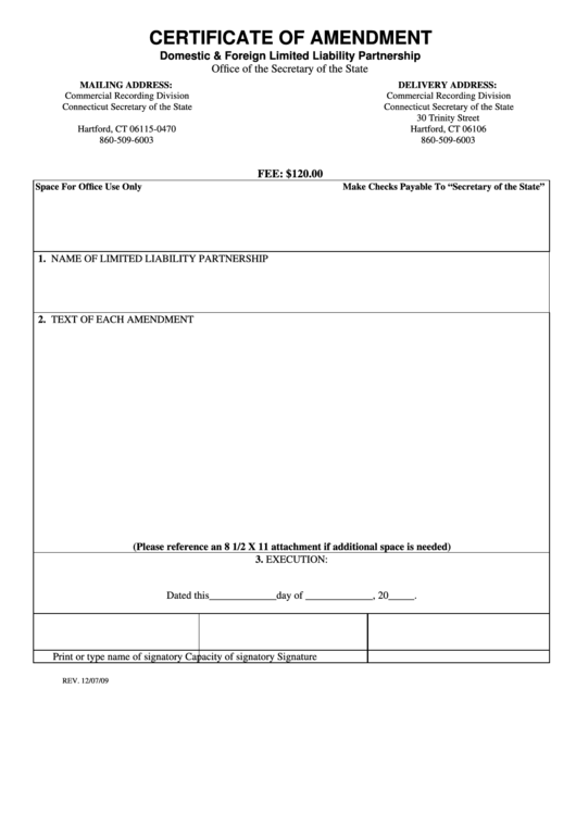 Certificate Of Amendment Form - 2009 Printable pdf