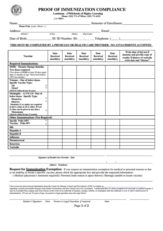 Proof Of Immunization Compliance Form Printable pdf