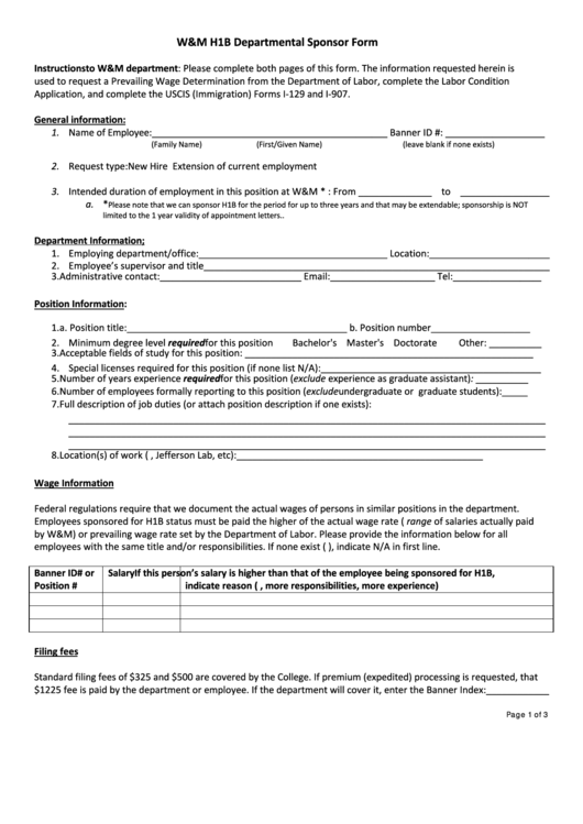 Fillable W&m H1b Departmental Sponsor Form Printable pdf