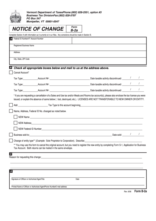 Form B-2a-Notice Of Change June 2006 Printable pdf