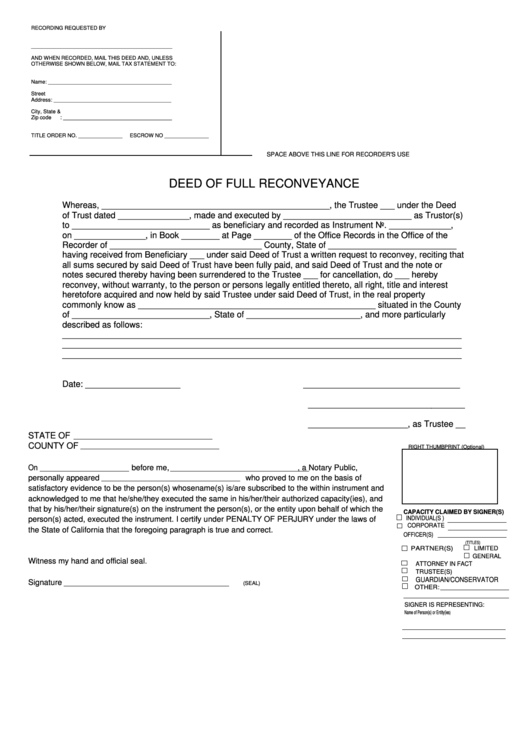 Fillable Deed Of Full Reconveyance Form Printable pdf
