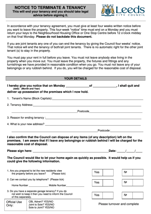 Notice To Terminate A Tenancy Form Printable pdf
