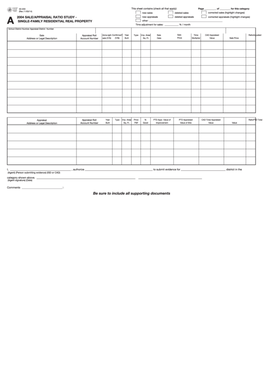 Fillable Form 50-203 - Sale/appraisal Ratio Study - Single-Family Residential Real Property - 2004 Printable pdf
