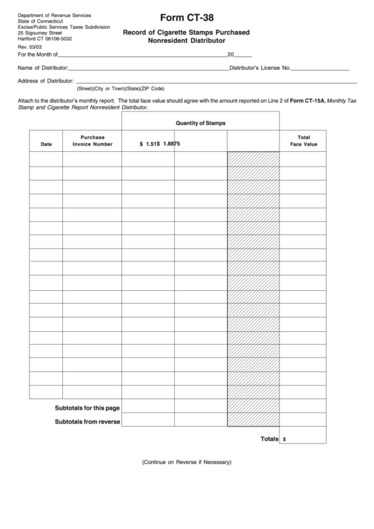 Form Ct-38 - Record Of Cigarette Stamps Purchased (2003) Nonresident Distributor Printable pdf