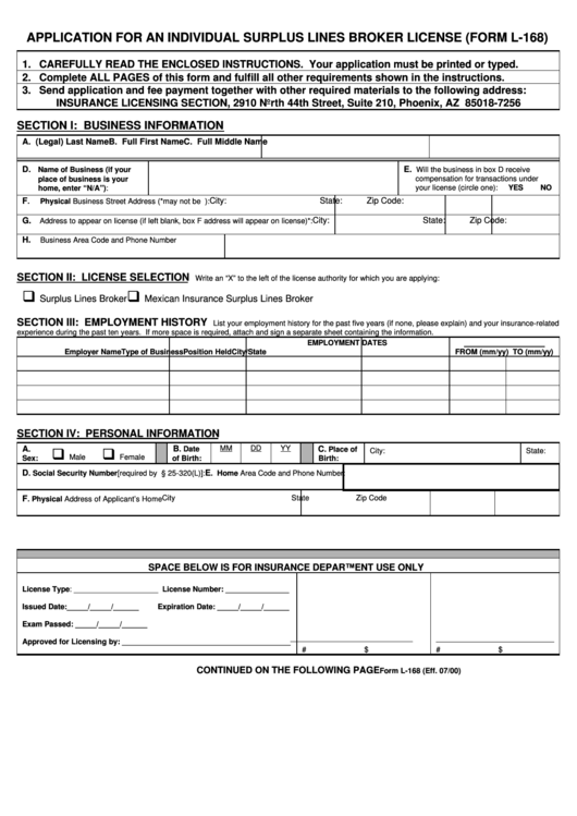 Form L-168 - Application For An Individual Surplus Lines Broker License Printable pdf