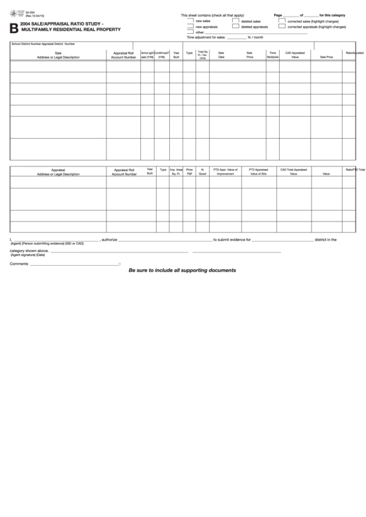 Fillable Form 50-204 - Sale/appraisal Ratio Study - Multifamily Residential Real Property - 2004 Printable pdf