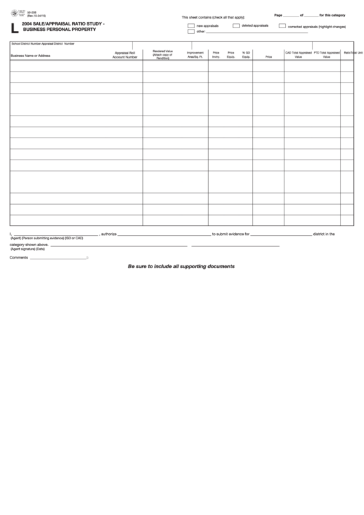 Fillable Form 50-208-Sale/appraisal Ratio Study-Business Personal Property 2015 Printable pdf