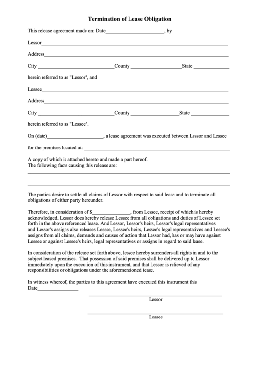 Termination Of Lease Obligation Form Printable pdf