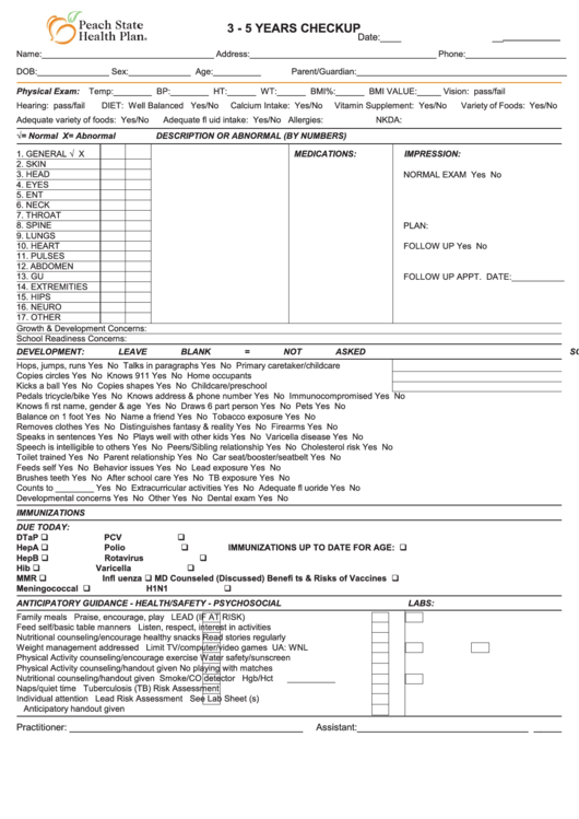 3 - 5/6 - 11/adolescent Checkup Forms Printable pdf