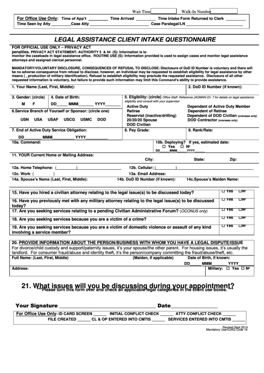 Legal Assistance Client Intake Questionnaire Form Printable pdf
