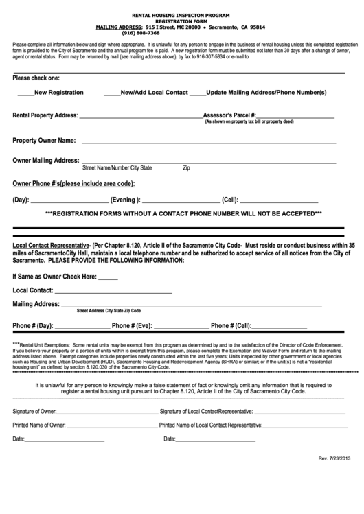 Registration Form - Rental Housing Inspection Program Printable pdf