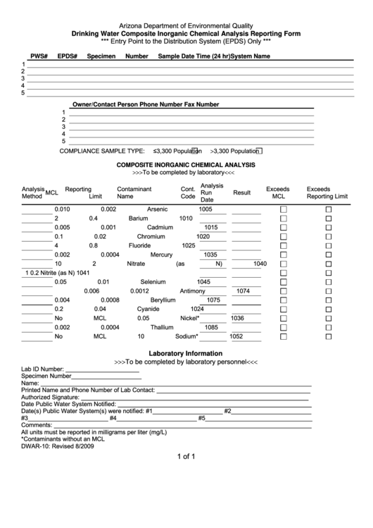 Form Dwar-10 - Drinking Water Composite Inorganic Chemical Analysis Reporting Form Printable pdf