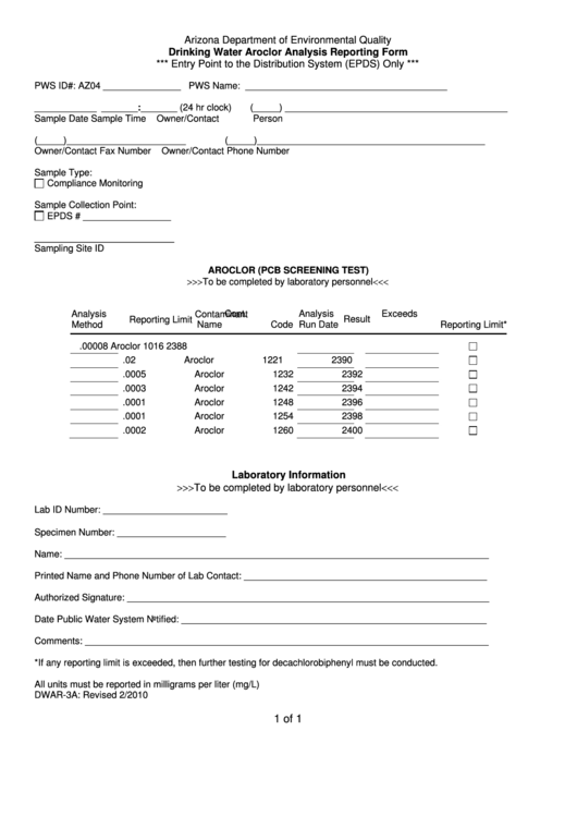 Form Dwar-3a - Drinking Water Aroclor Analysis Reporting Form Printable pdf