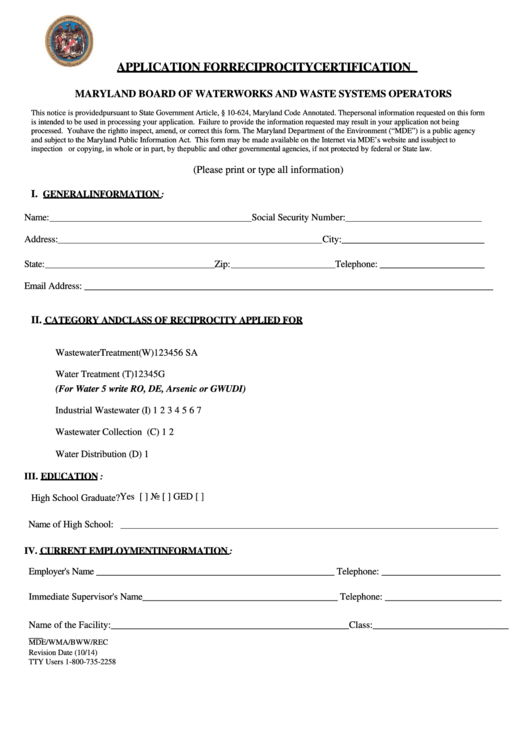 Fillable Form Mde/wma/bww/rec - Application For Reciprocity Certification Printable pdf