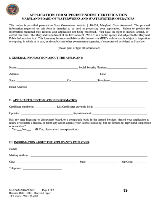 Fillable Form Mde/wma/bww/sup - Application For Superintendent Certification Printable pdf
