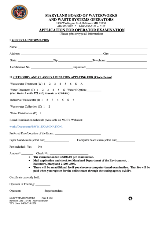 Fillable Form Mde/wma/bww/oper - Application For Operator Examination Printable pdf